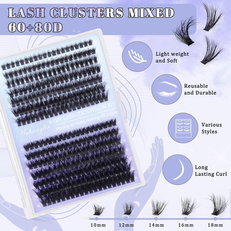 Anbanglin DIY Cluster Lashes 280Pcs Voluminous D-Curl Invisible Band Waterproof Long-Lasting Easy Application Eyelashes Extensins for Flawlesso Makeup Thick Volume Diy