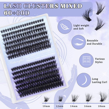 Anbanglin DIY Cluster Lashes 280Pcs Voluminous D-Curl Invisible Band Waterproof Long-Lasting Easy Application Eyelashes Extensins for Flawlesso Makeup Thick Volume Diy