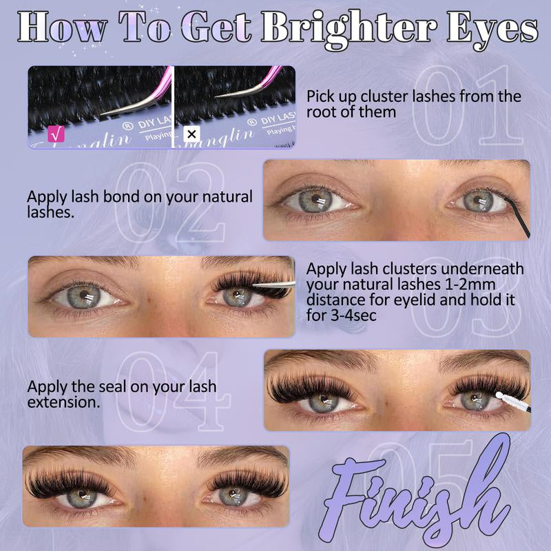 Anbanglin DIY Cluster Lashes 280Pcs Voluminous D-Curl Invisible Band Waterproof Long-Lasting Easy Application Eyelashes Extensins for Flawlesso Makeup Thick Volume Diy