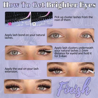 Anbanglin DIY Cluster Lashes 280Pcs Voluminous D-Curl Invisible Band Waterproof Long-Lasting Easy Application Eyelashes Extensins for Flawlesso Makeup Thick Volume Diy