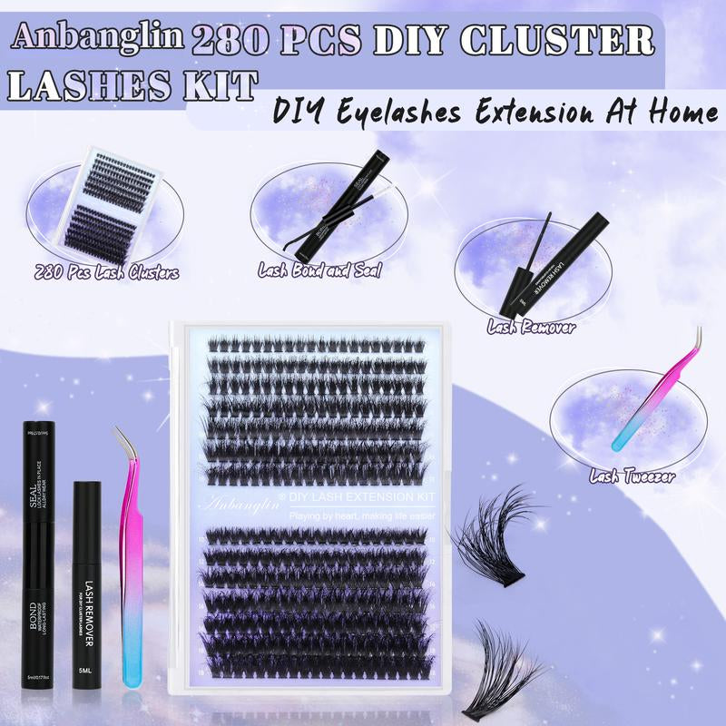 Anbanglin DIY Cluster Lashes 280Pcs Voluminous D-Curl Invisible Band Waterproof Long-Lasting Easy Application Eyelashes Extensins for Flawlesso Makeup Thick Volume Diy